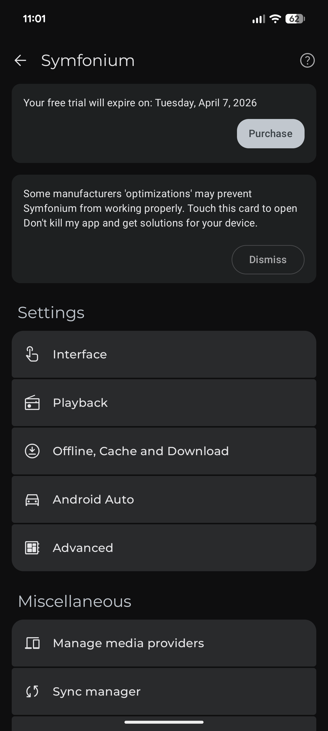 Symfonium settings page
