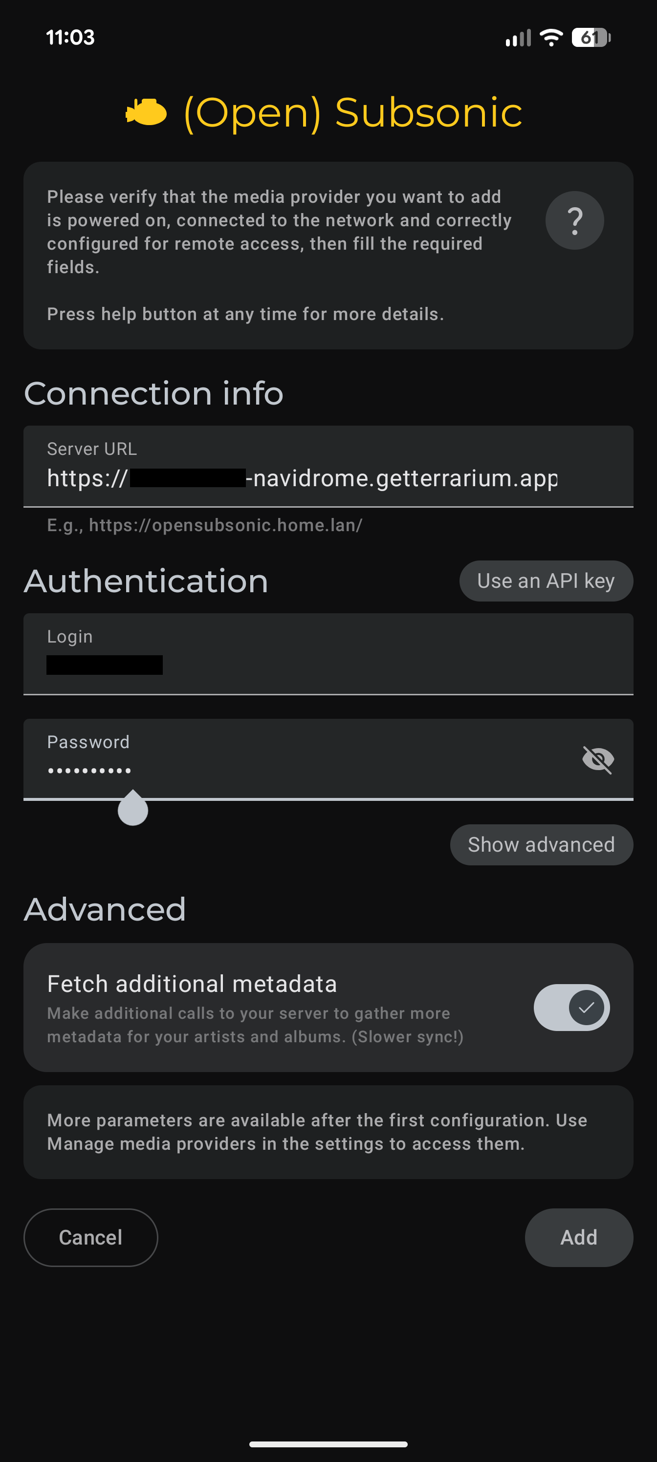 Subsonic connection form, filled in